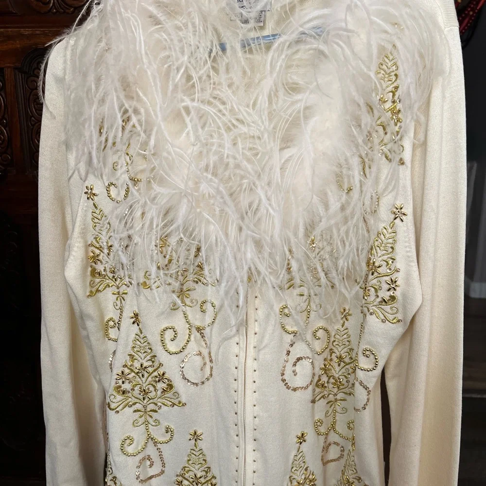 Elegant Cream and Gold Christmas Holiday Women's Sweater with Feather Trim - Picture 12 of 17
